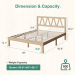 Wooden bed frame dimensions & weight capacity: Queen 80.8"x60"x36.1", 500 lb. Light wood, geometric headboard.