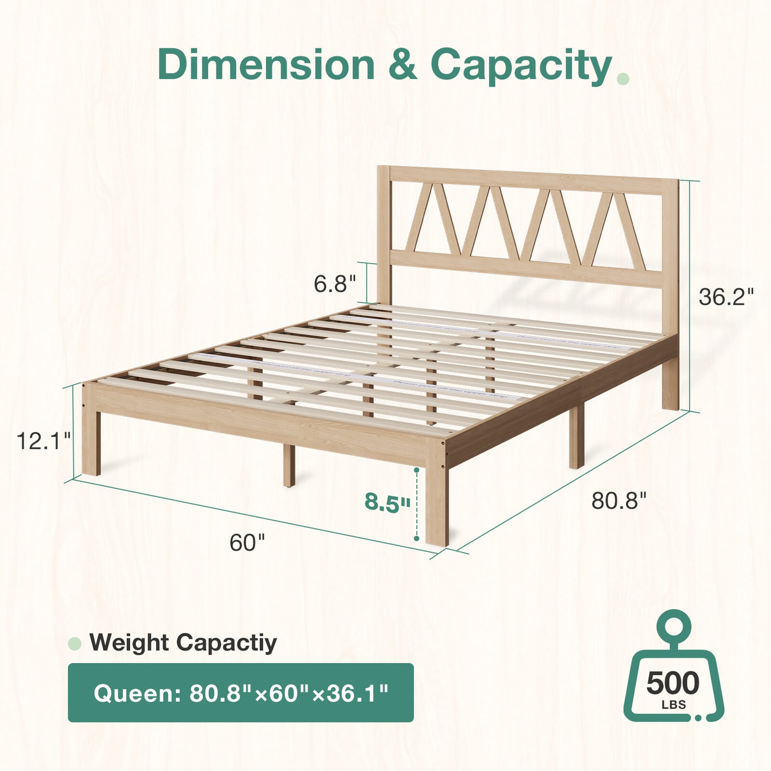Wooden bed frame dimensions & weight capacity: Queen 80.8"x60"x36.1", 500 lb. Light wood, geometric headboard.