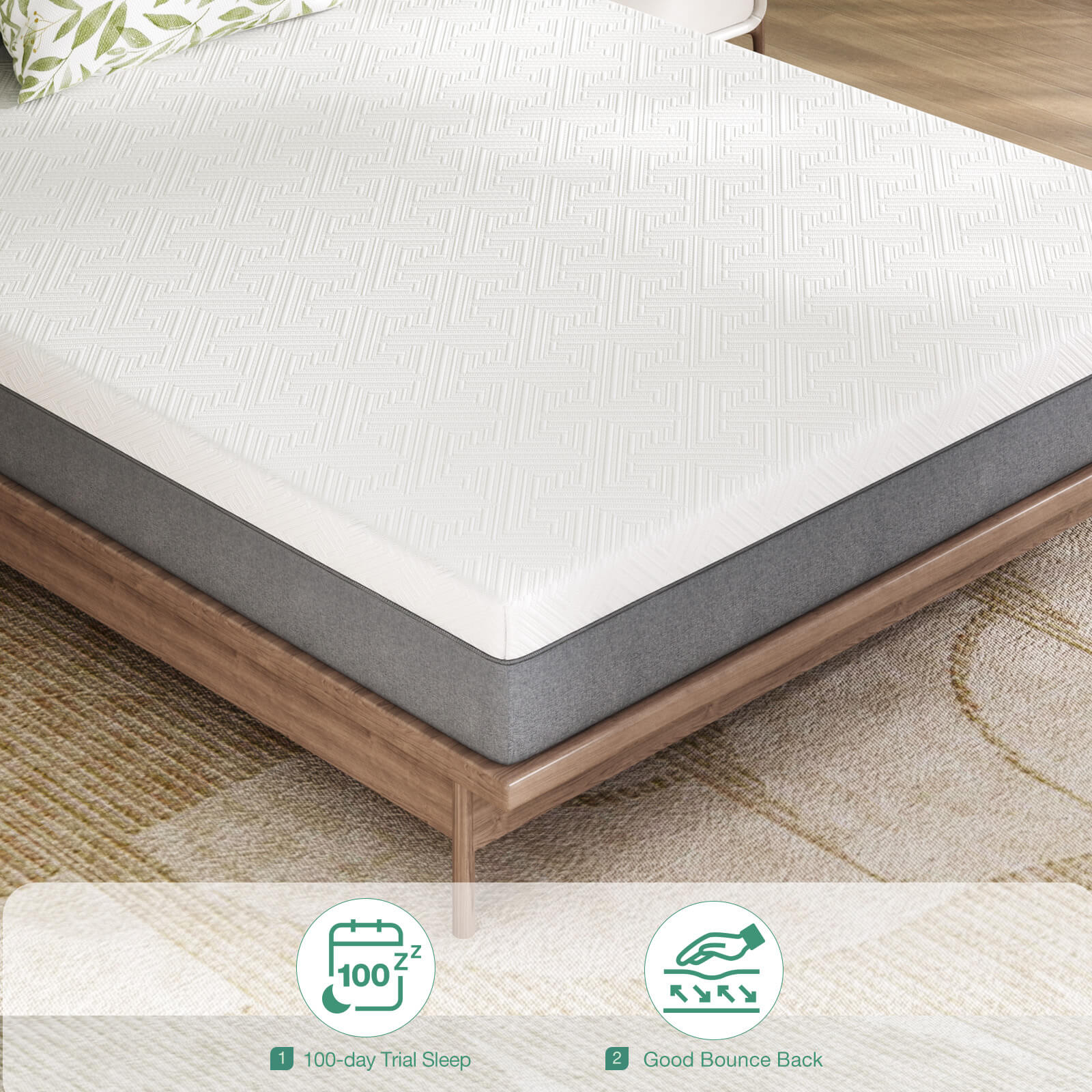 Bliss Adjustable Sleep Bundle mattress: white textured top, gray sides, wood frame. 100-day trial, good bounce back.