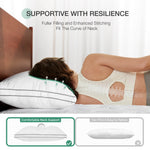 Woman sleeping on queen size neck support pillow showing comfortable neck support and resilience with airflow indicators.