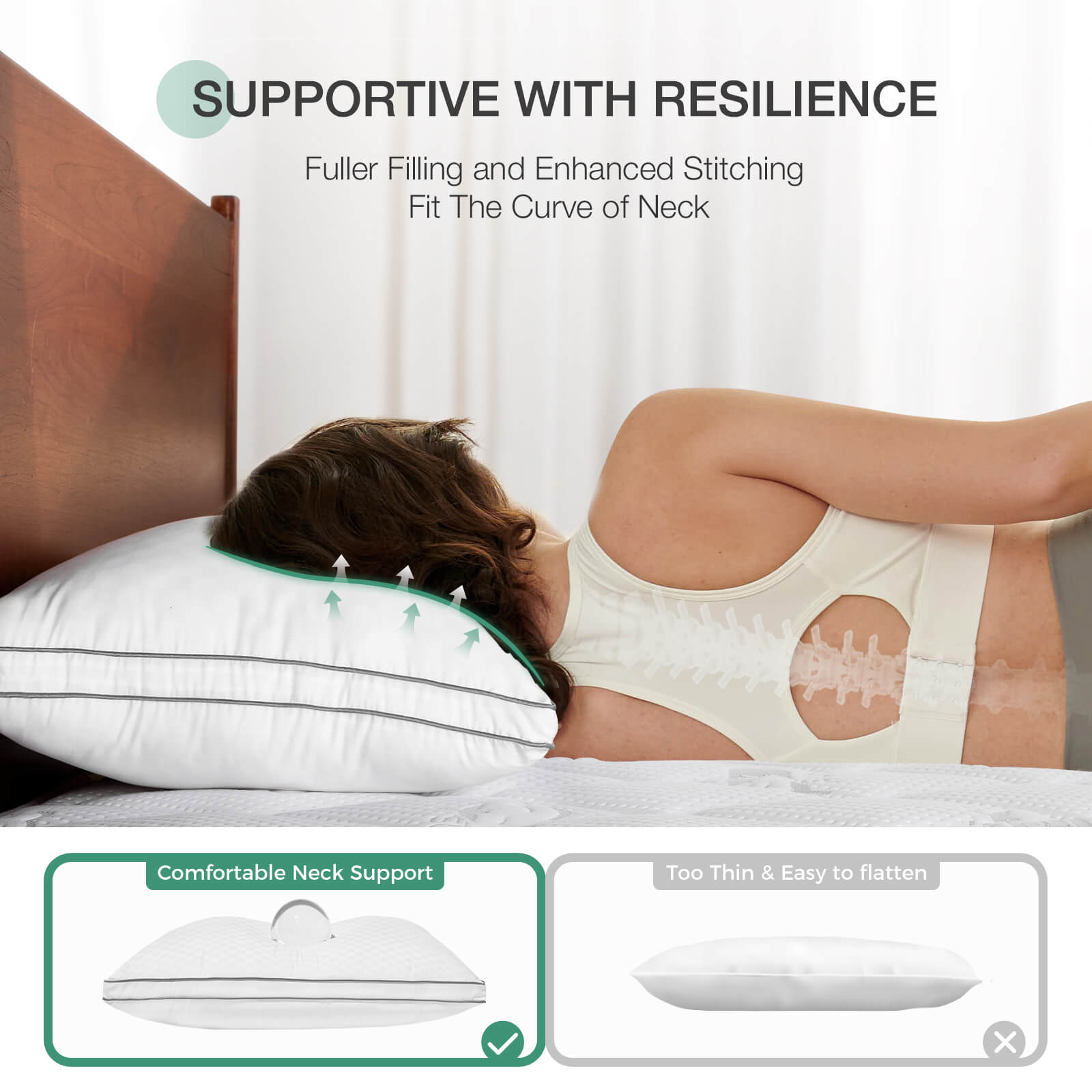 Woman sleeping on queen size neck support pillow showing comfortable neck support and resilience with airflow indicators.