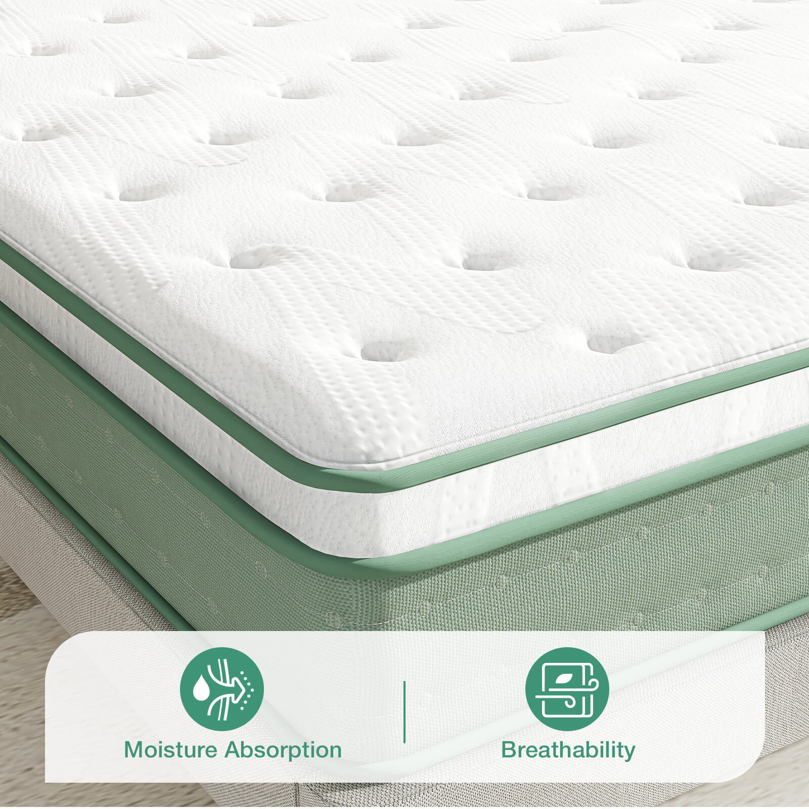 Oasis hybrid mattress close-up: white quilted top, green sides with moisture absorption and breathability icons.