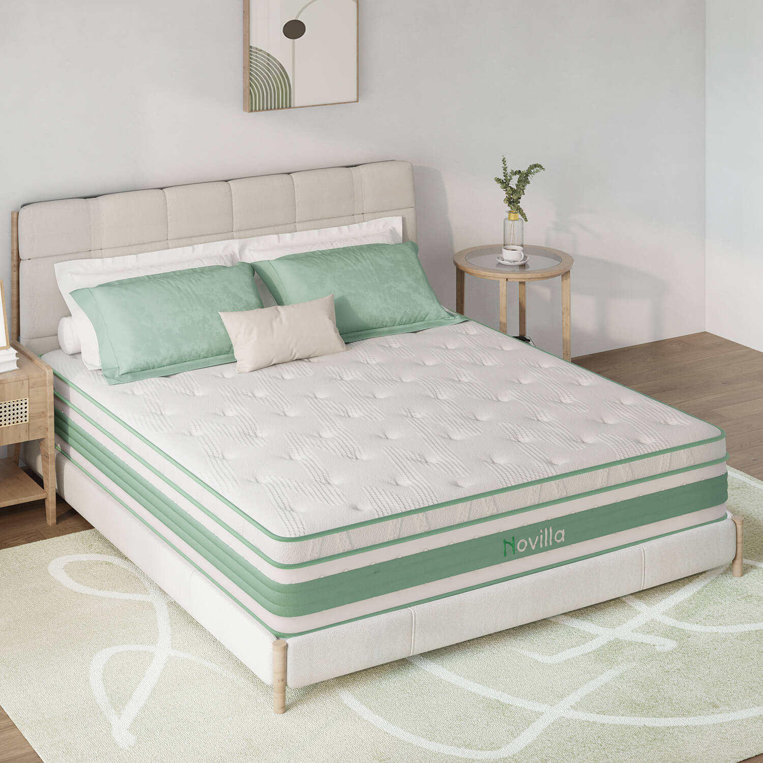 Novilla Buoyant Hybrid Mattress with white quilted top and green accents on a bed with mint green pillows.