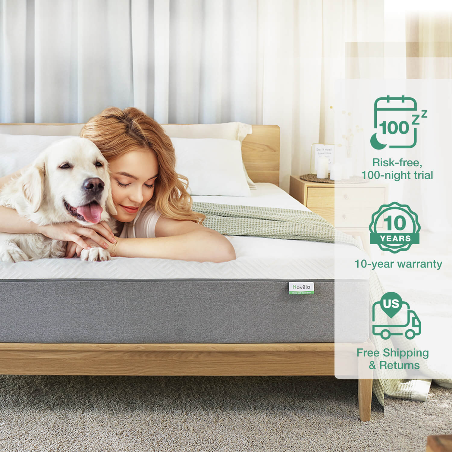 Bliss memory foam mattress with woman and dog, 100-night trial, 10-year warranty, free US shipping.