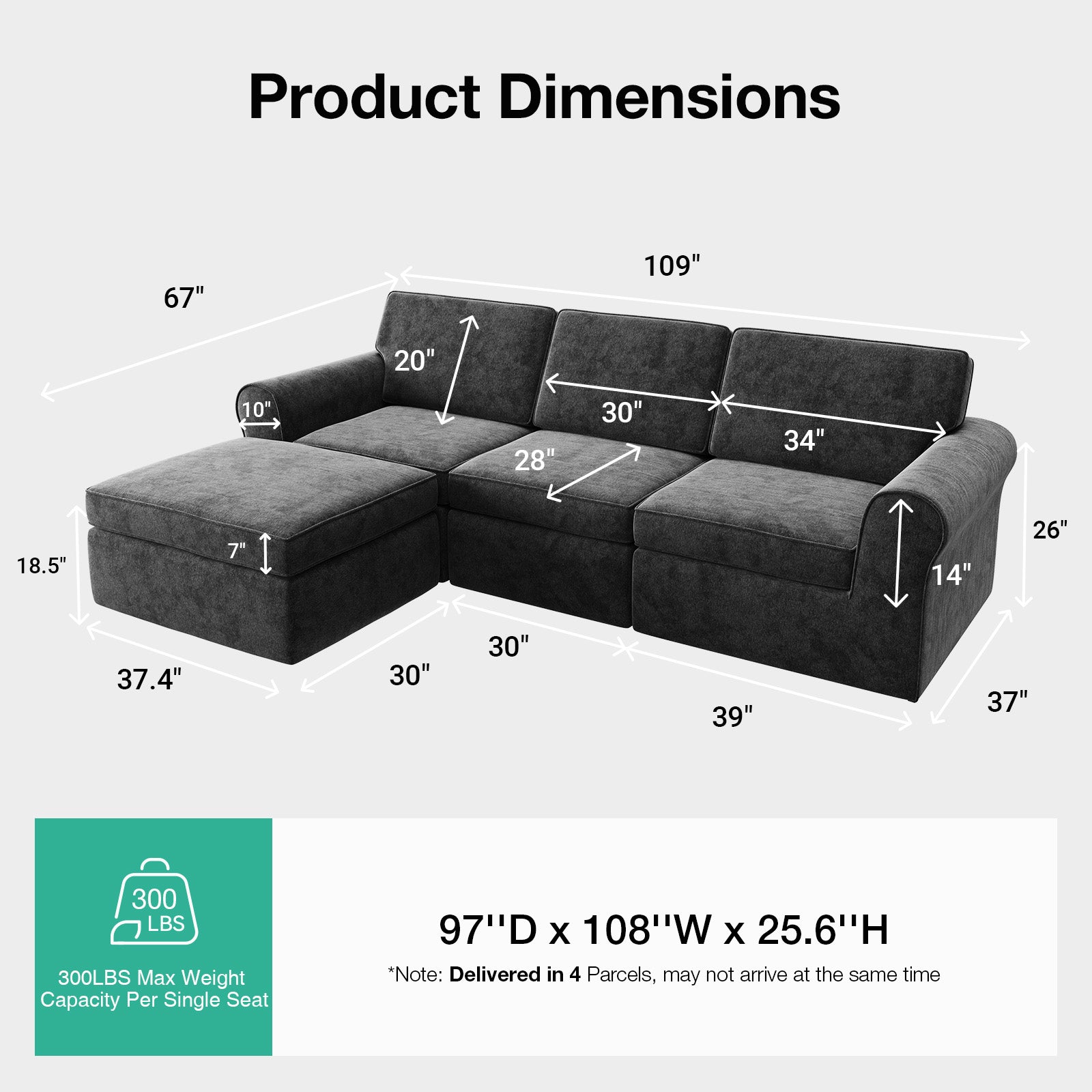 ComfyRoll Chenille Modular Sectional Sofa - Dark Gray