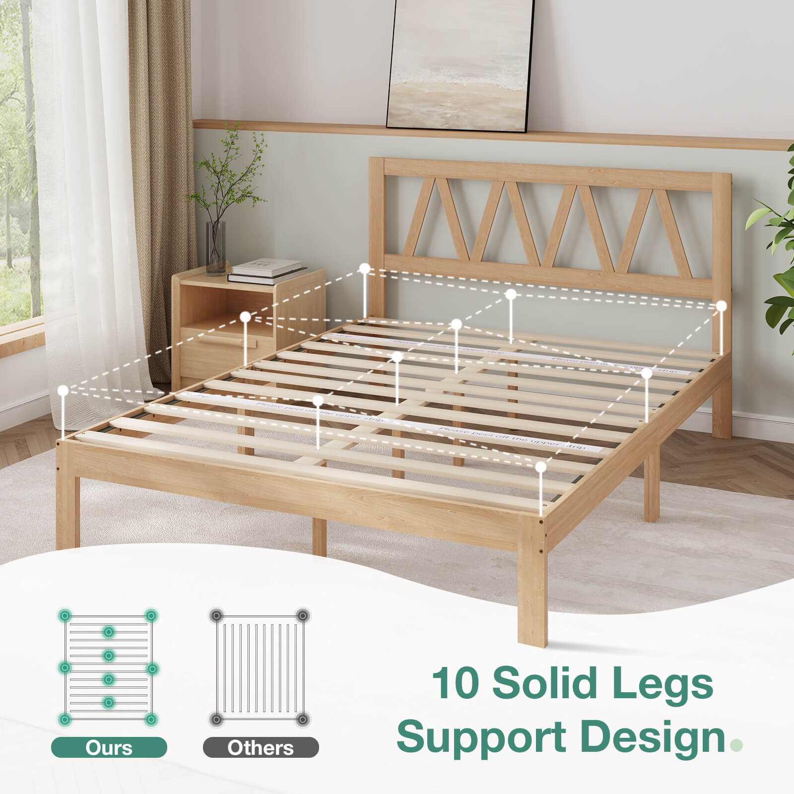 Light wood bed frame with geometric headboard and 10 solid legs for enhanced support design.