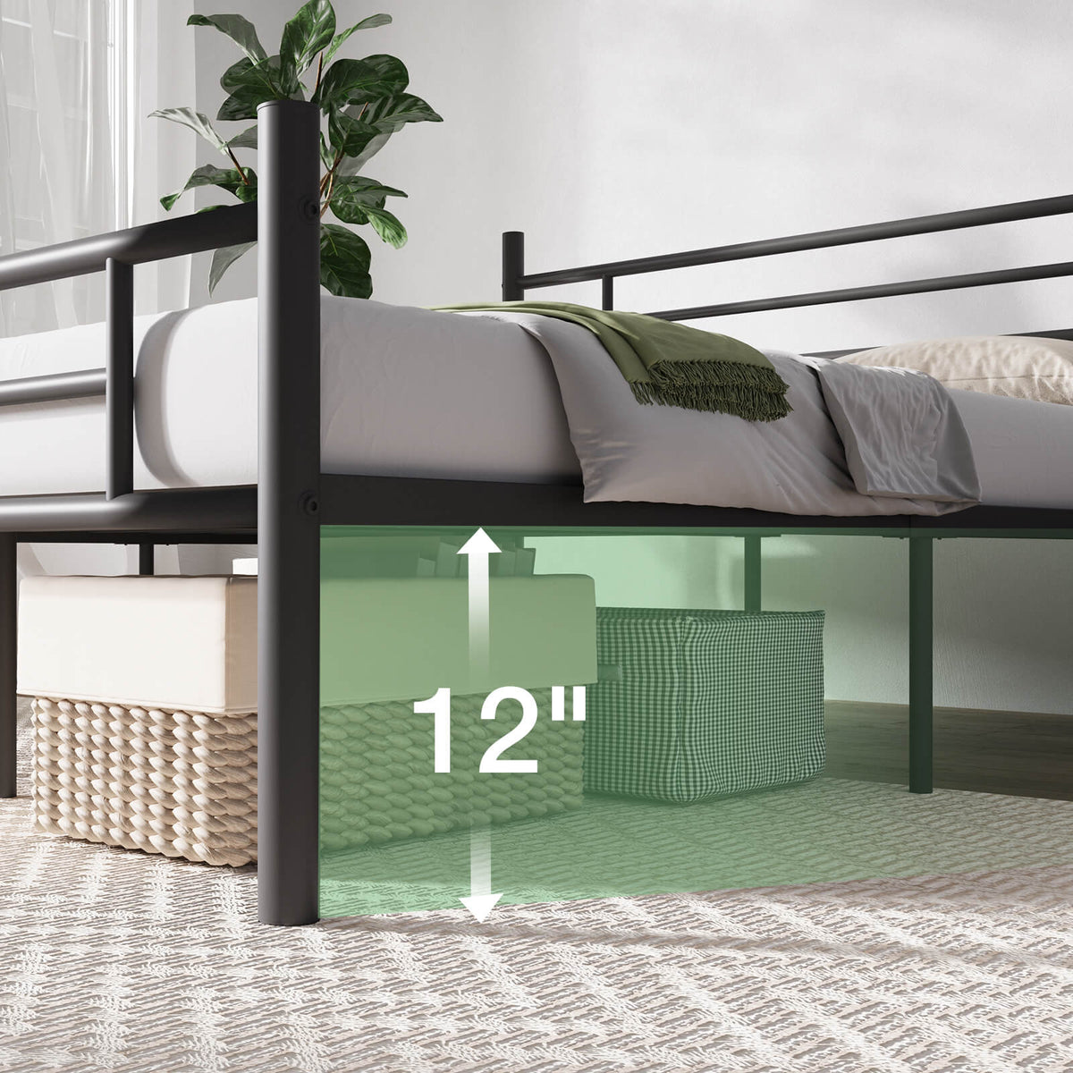 Black wrought metal sleigh bed frame with 12 inches of under-bed clearance for storage, showing woven baskets and boxes.