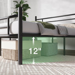 Black wrought metal sleigh bed frame with 12 inches of under-bed clearance for storage, showing woven baskets and boxes.