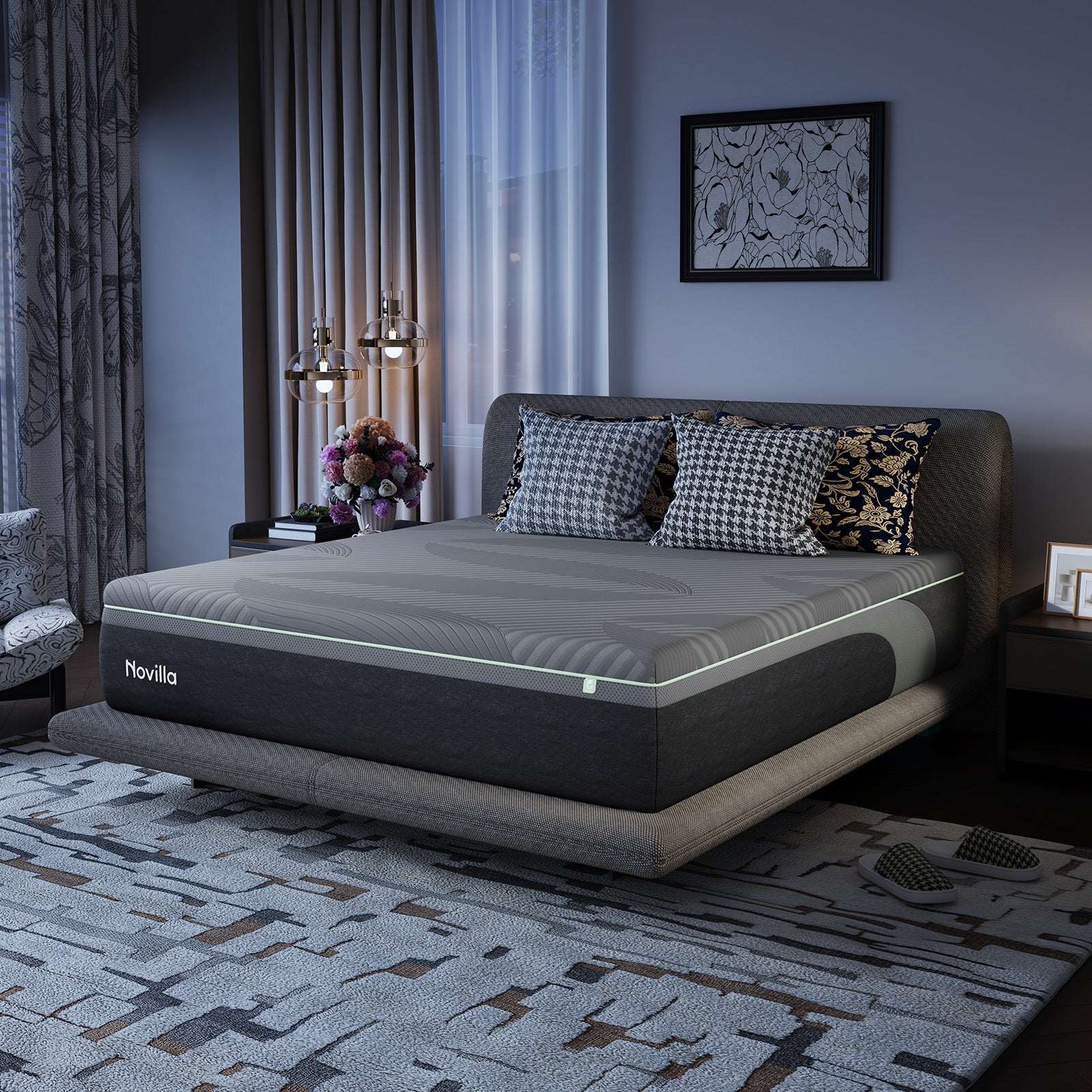 Novilla AiryFlow Cooling Foam Mattress with a modern design and light green trim, shown on a bed in a bedroom setting.