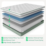 Oasis Hybrid Mattress exploded view showing quilted top, gel memory foam, support foam, charcoal foam, and pocket springs.