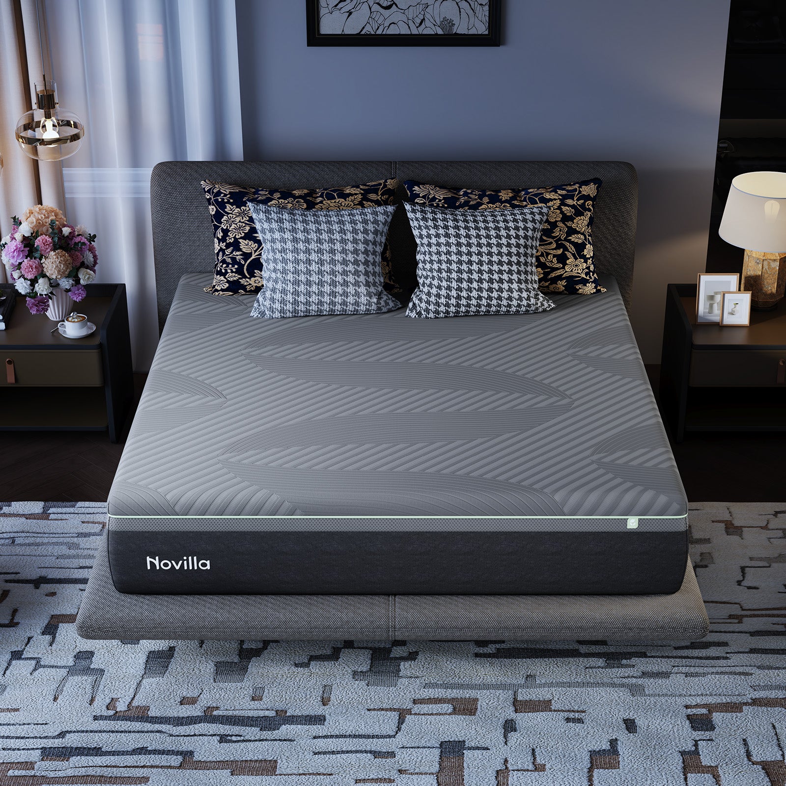 Novilla AiryFlow cooling foam mattress on a bed with decorative pillows and a nightstand.