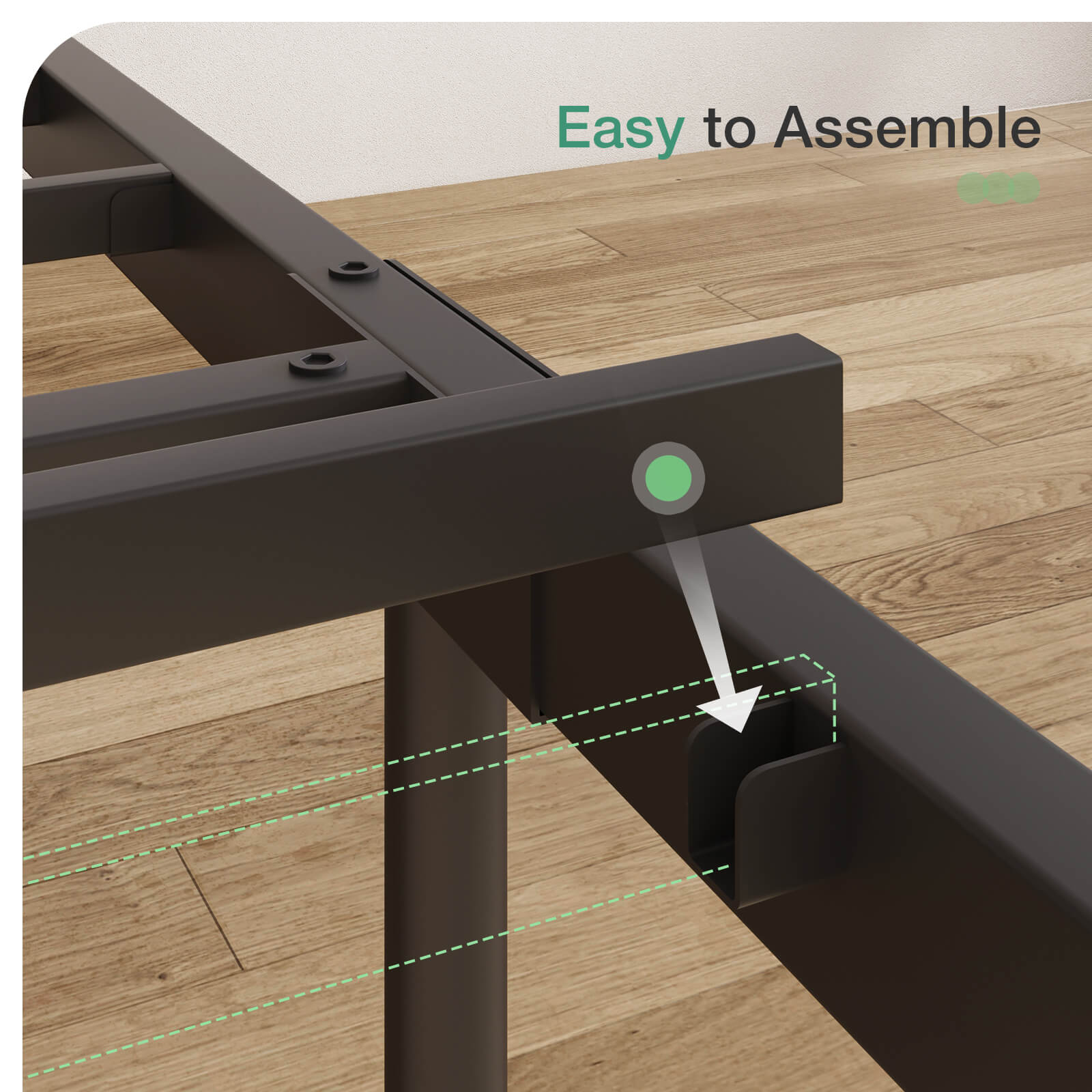 Wrought metal sleigh bed frame assembly guide showing connection points with green markers and an arrow for easy setup.