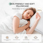 Woman rests on soft, skin-friendly queen neck support pillow with gray piping, emphasizing comfort.