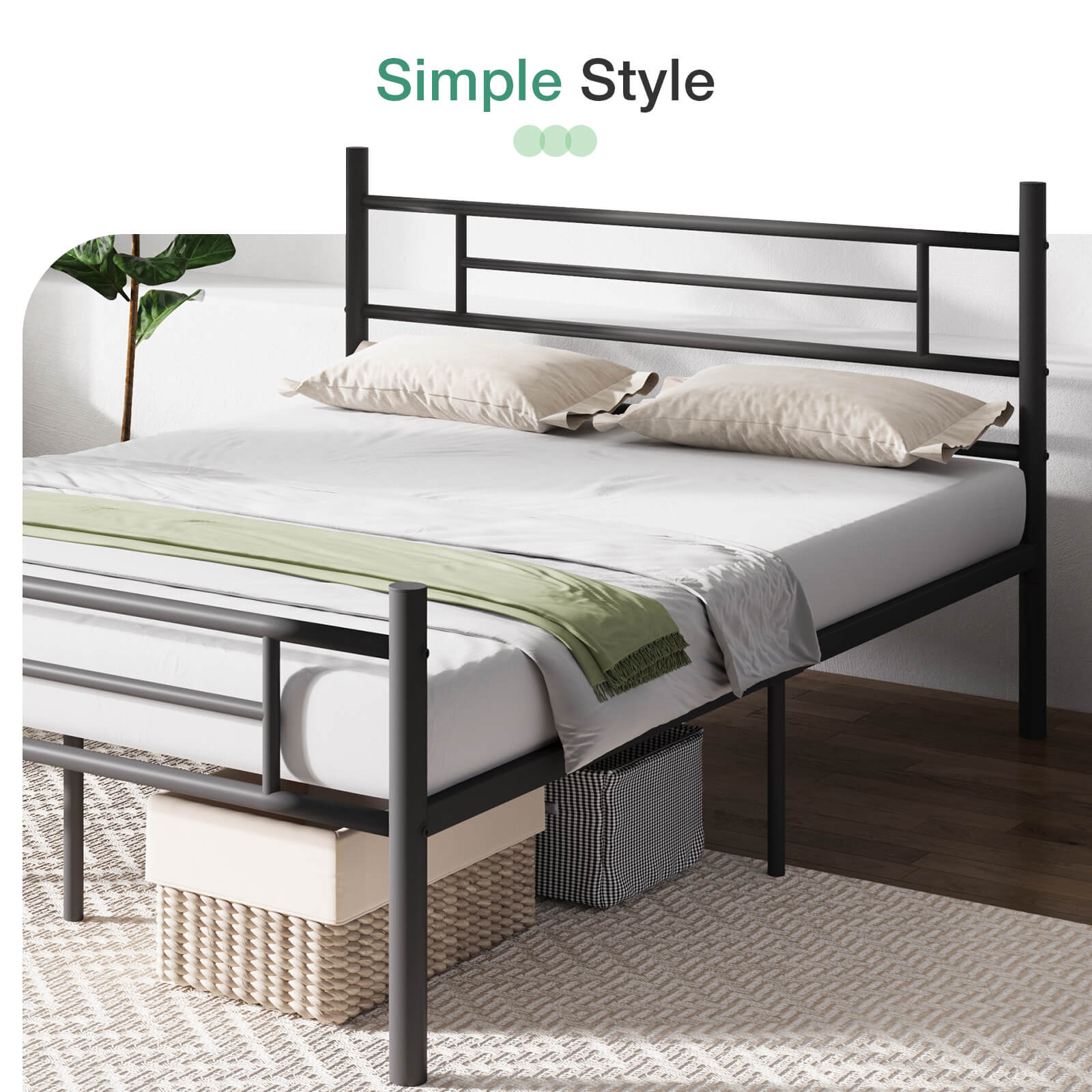 Modern black wrought metal sleigh bed frame with geometric headboard, white bedding, and under-bed storage.
