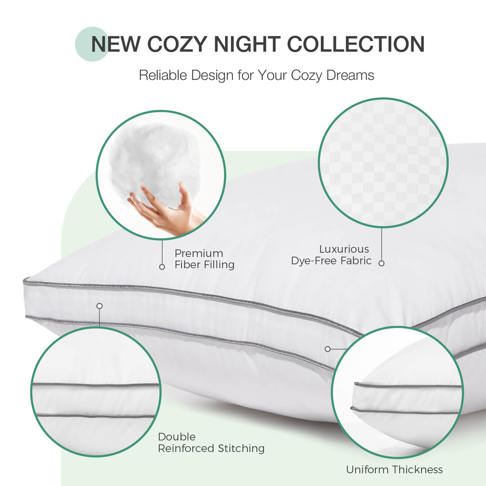 Bliss Silent Support pillow features: premium fiber filling, dye-free fabric, reinforced stitching, and uniform thickness.