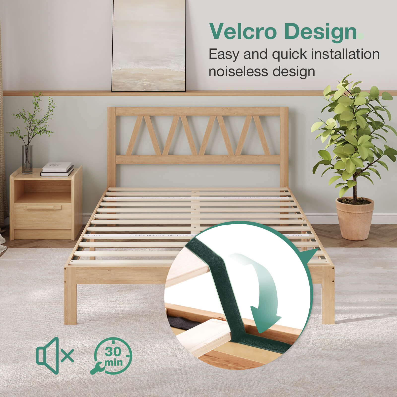 Light wood bed frame with geometric headboard, showcasing Velcro assembly design for easy, quiet, 30-min installation.