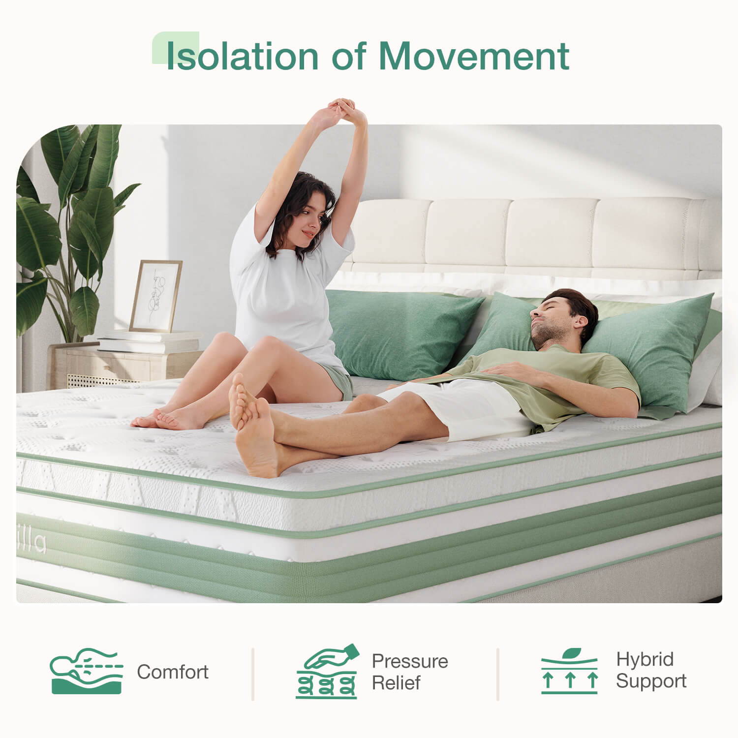Novilla Buoyant Hybrid Mattress: Couple testing movement isolation, comfort, pressure relief, hybrid support.
