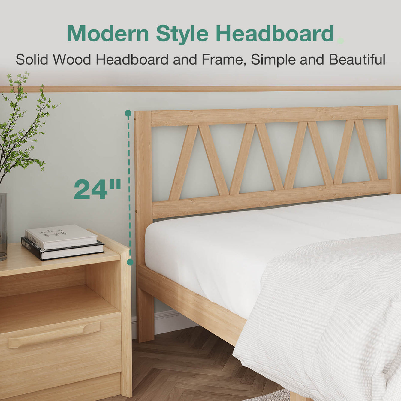 Bliss Platform Bed: 24-inch high modern geometric solid wood headboard with white mattress and bedside table.