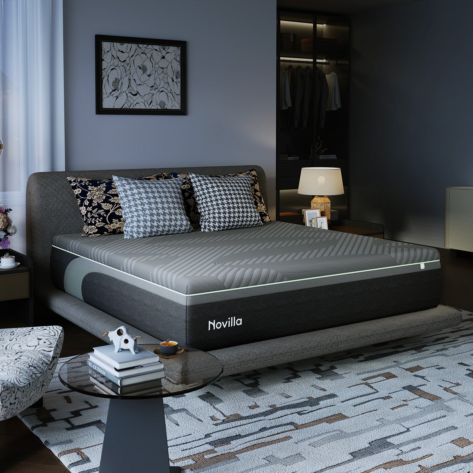 Novilla AiryFlow cooling mattress, grey striped top, dark grey sides, in a stylish bedroom setup.