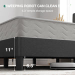Classic Luxe dark gray bed frame with 11" base height & 6.3" under-bed clearance, showing robot vacuum for cleaning.