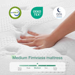 Novilla Buoyant Hybrid Mattress demonstrating medium firmness with CertiPUR-US, OEKO-TEX, ISPA certifications.