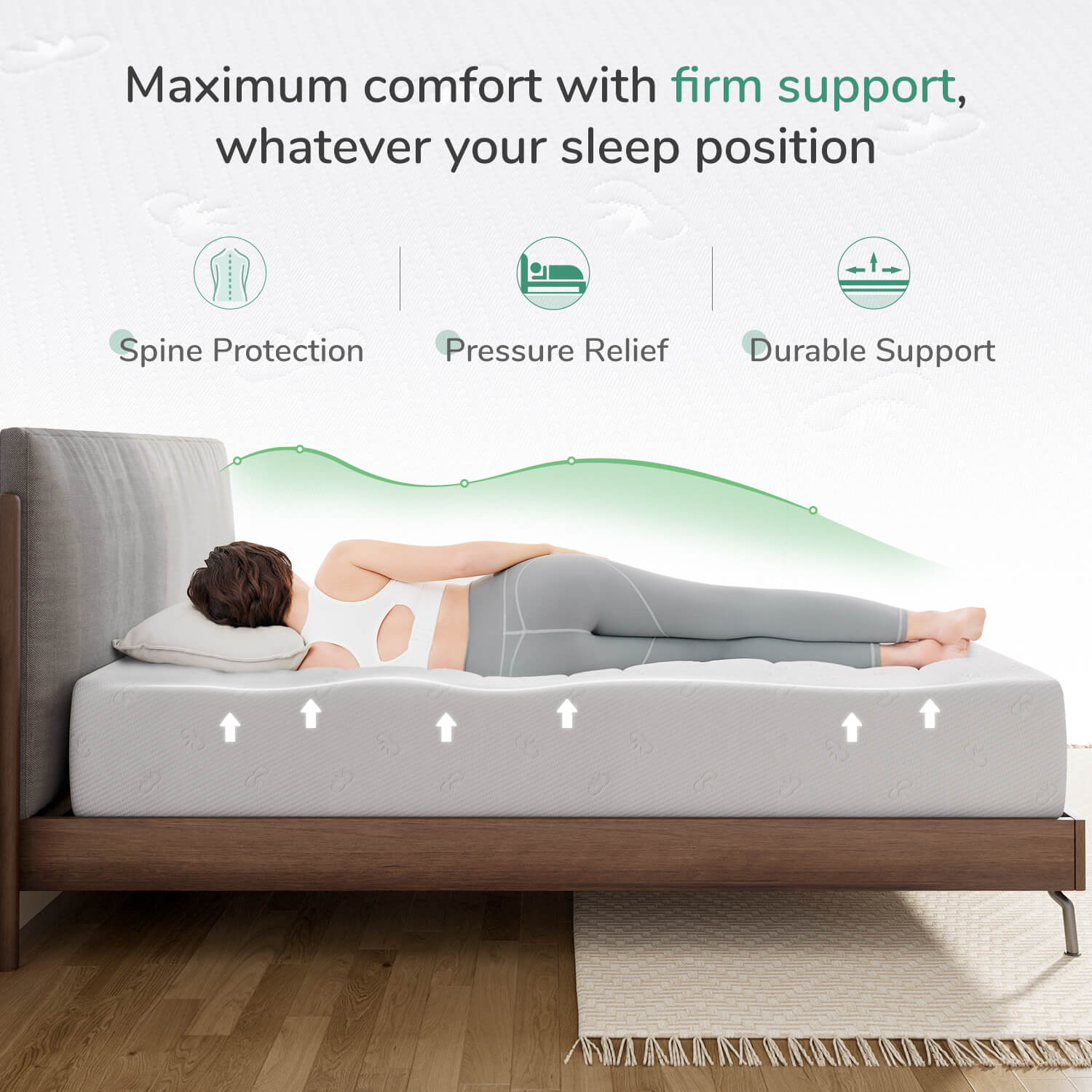 Woman sleeping on Quietude memory foam mattress, highlighting spine protection, pressure relief, and durable support.