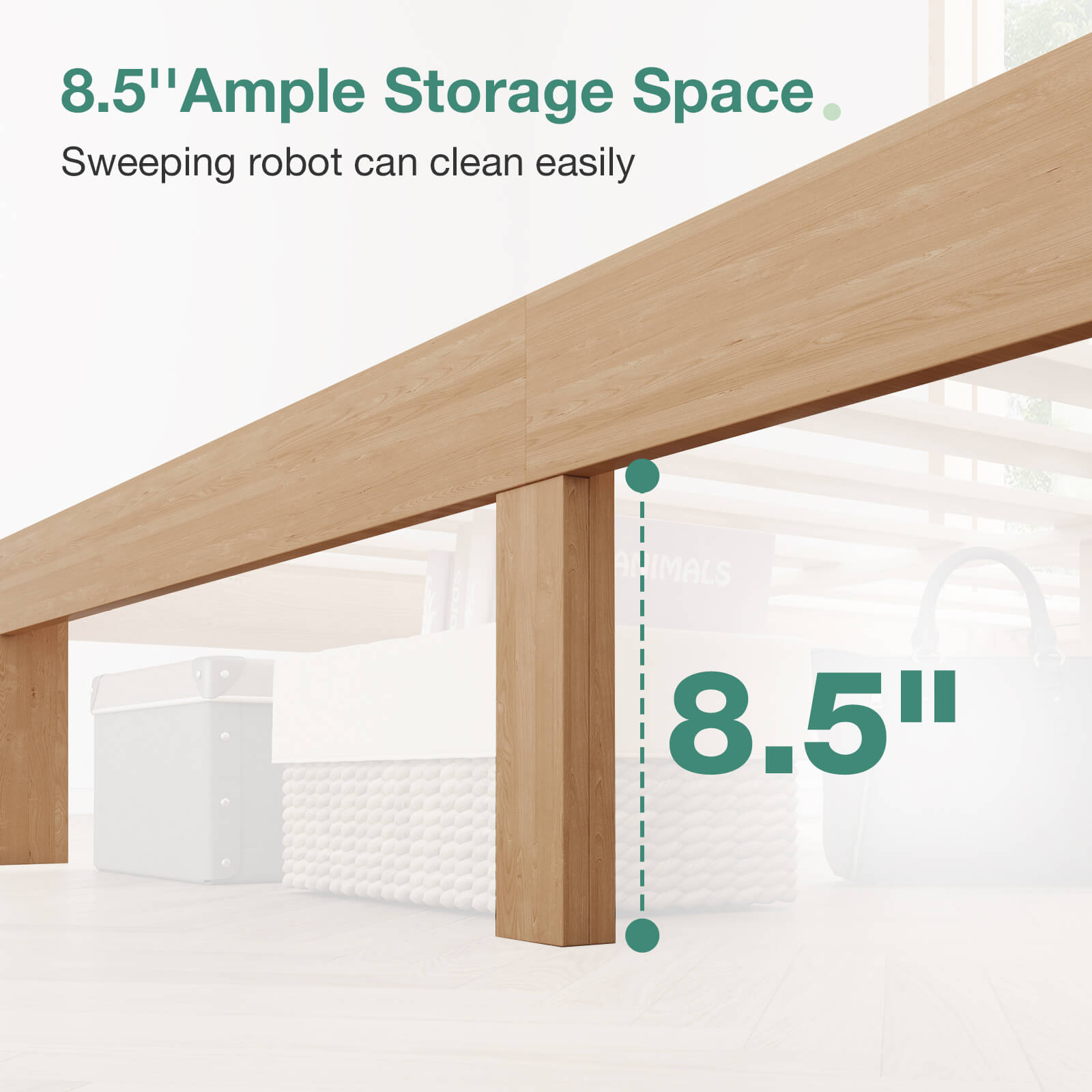 Bliss Platform Bed Bundle: 8.5 inch under-bed clearance highlights storage space & easy cleaning for sweeping robots.
