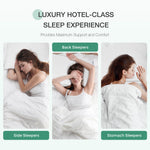 Queen neck support pillow shown with women demonstrating side, back, and stomach sleeping positions for optimal comfort.