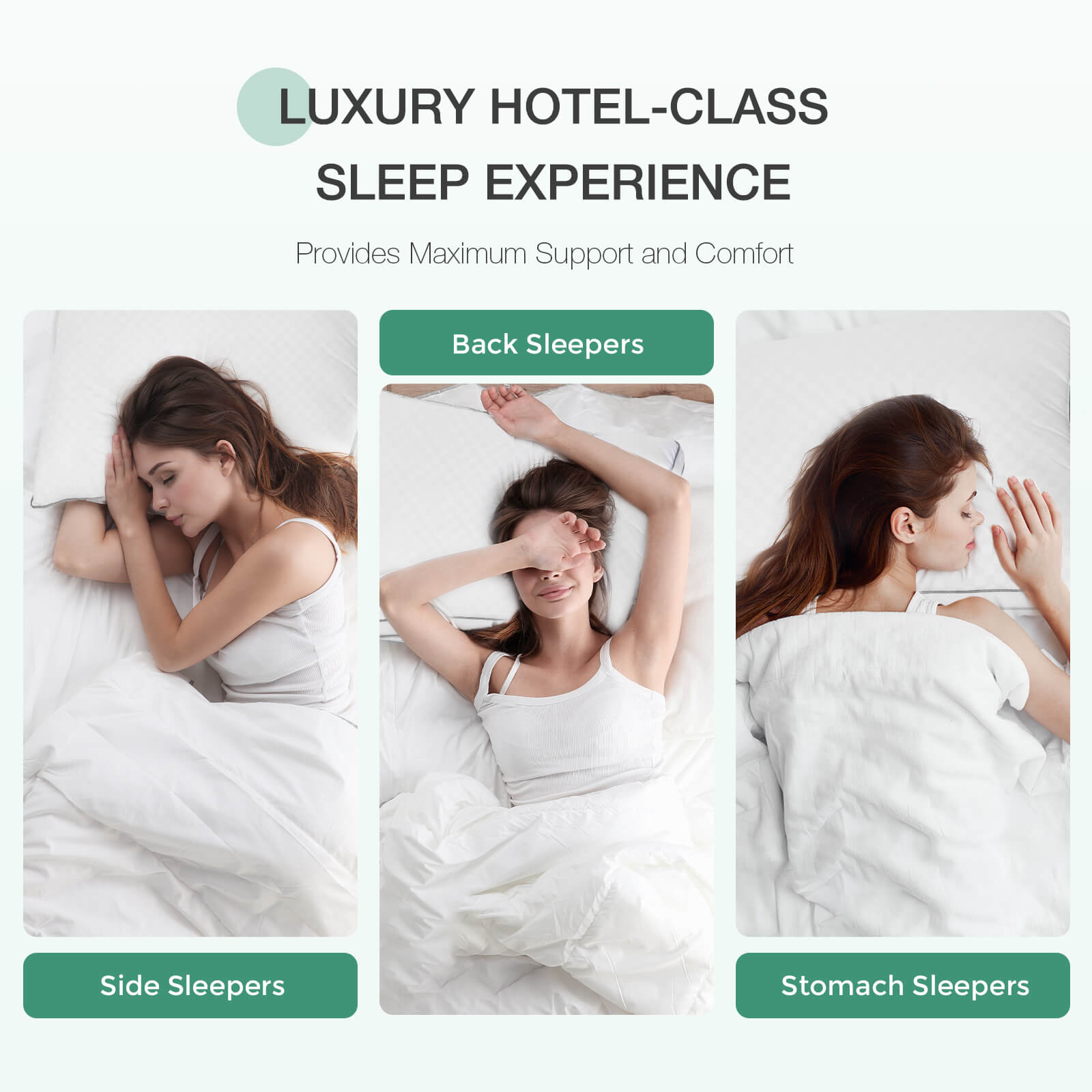 Queen neck support pillow shown with women demonstrating side, back, and stomach sleeping positions for optimal comfort.