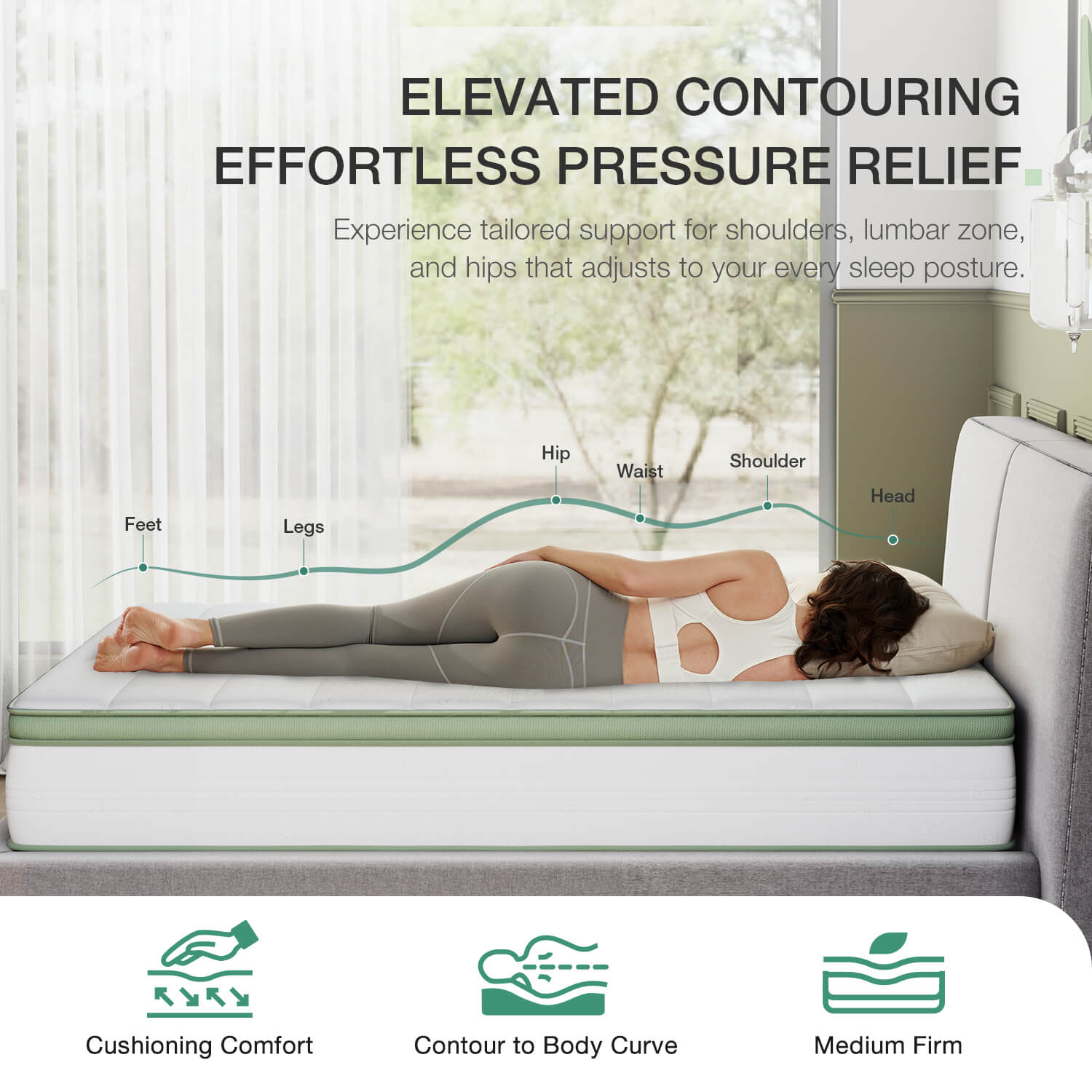 Grove Hybrid Mattress demonstrating pressure relief and contouring with a woman lying on it, showing body support.