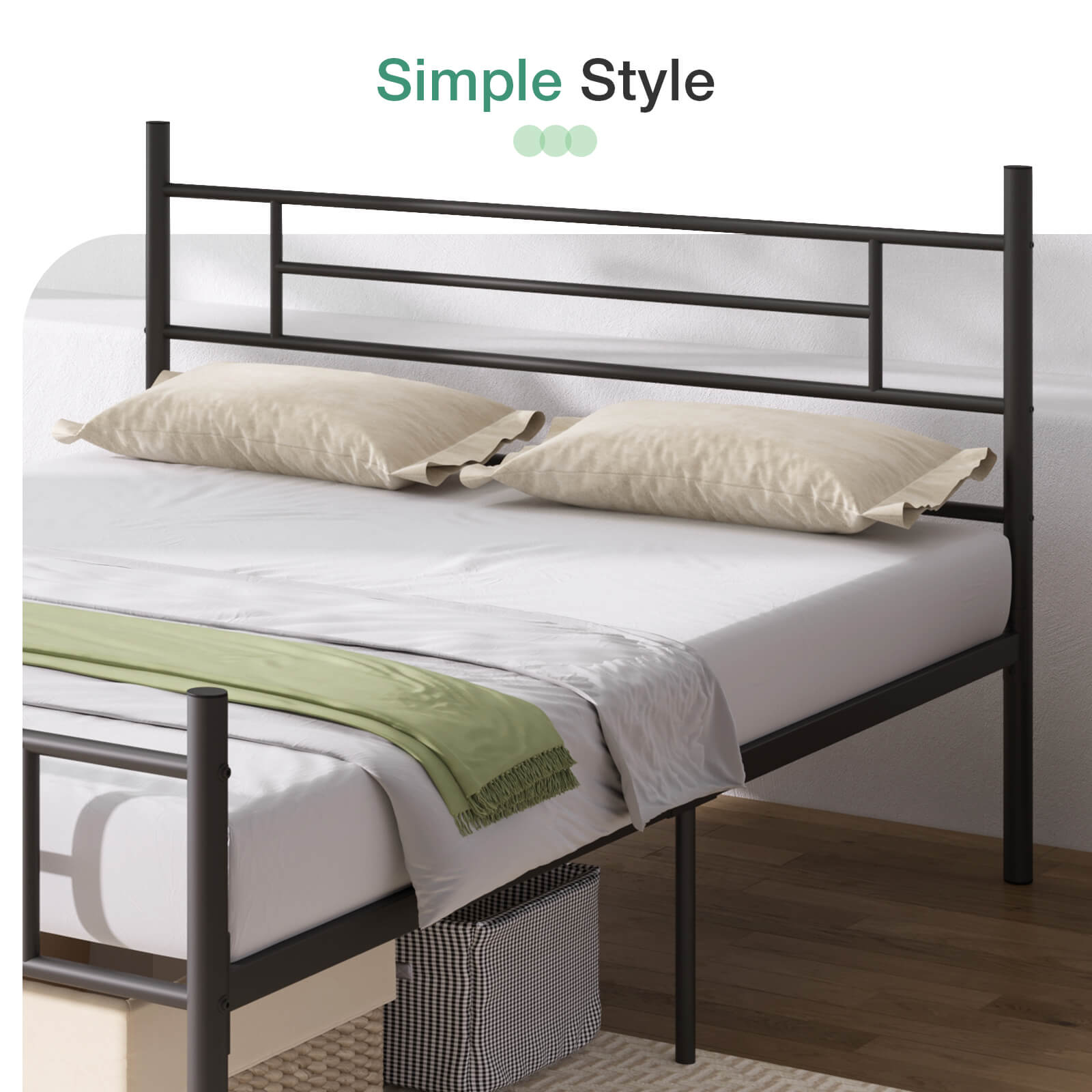 Bliss Silent Support mattress on black metal bed frame with headboard, green throw, pillows, and storage basket.