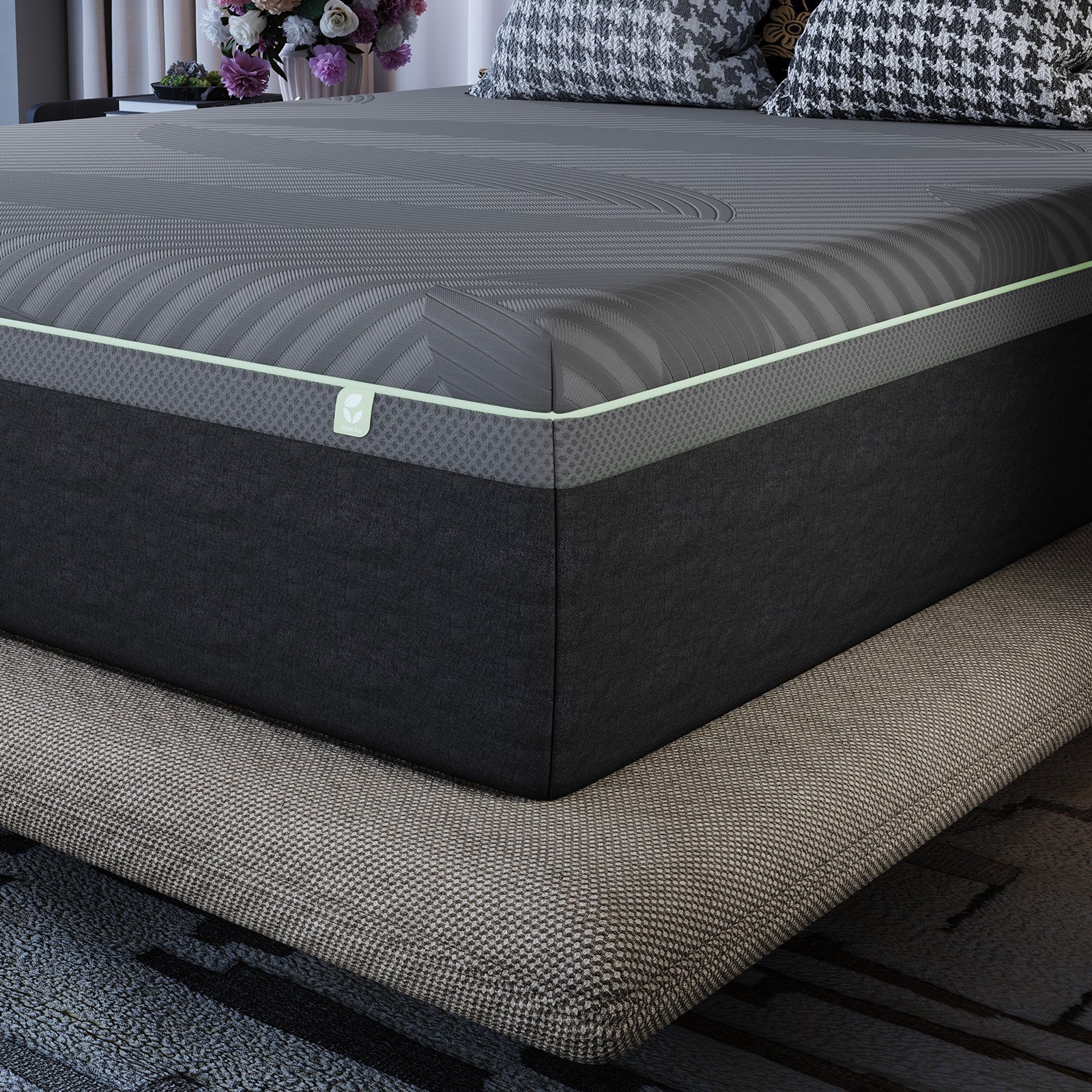 Novilla AiryFlow mattress, grey with mint green trim and leaf logo