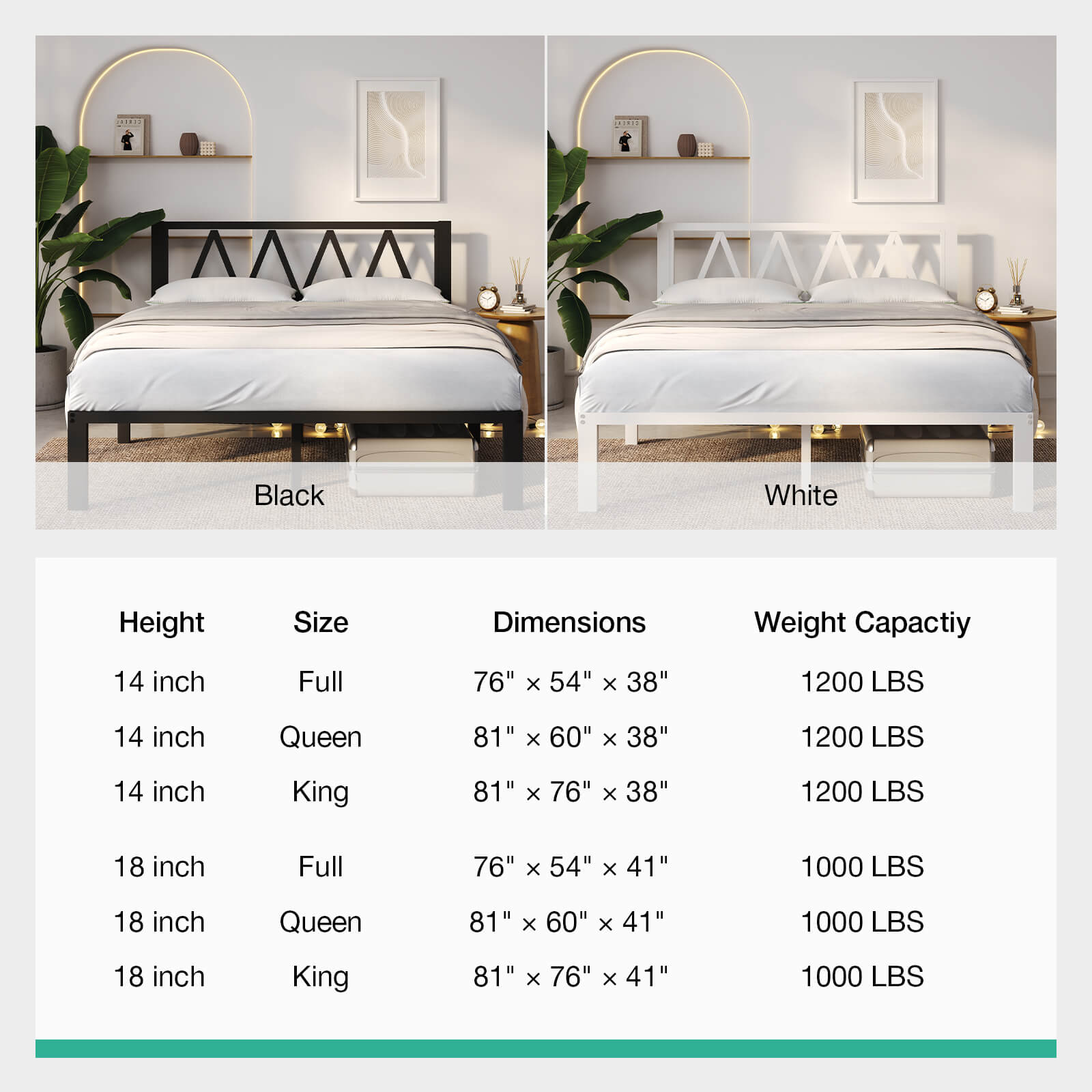 Pure Bed Frame: black vs white metal geometric headboard beds with size, dimensions & weight capacity table.