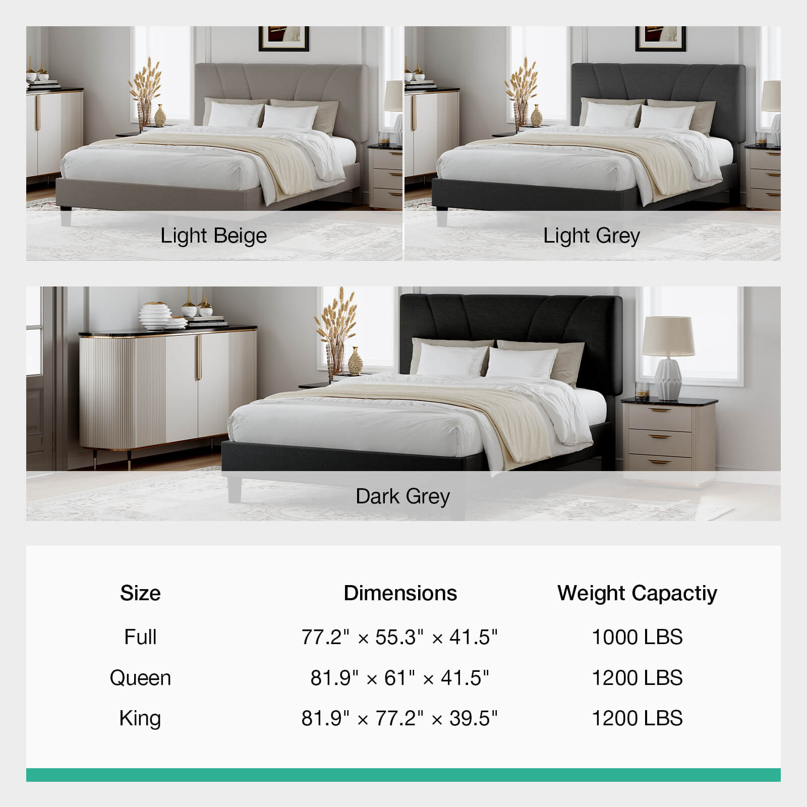 Classic Luxe bed frame in Light Beige, Light Grey, Dark Grey, with size & specs chart.