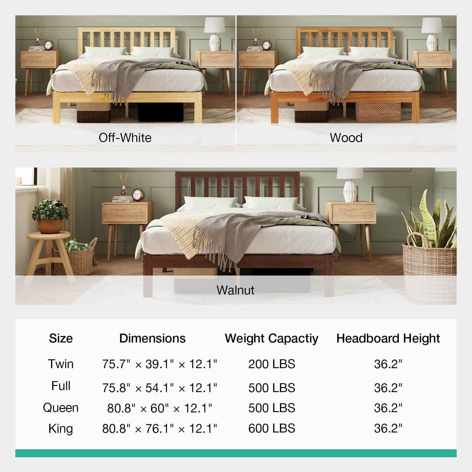 Solid wood bed frame finishes (Off-White, Wood, Walnut) with slatted headboard. Specs comparison chart included.