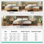 Solid wood bed frame finishes (Off-White, Wood, Walnut) with slatted headboard. Specs comparison chart included.