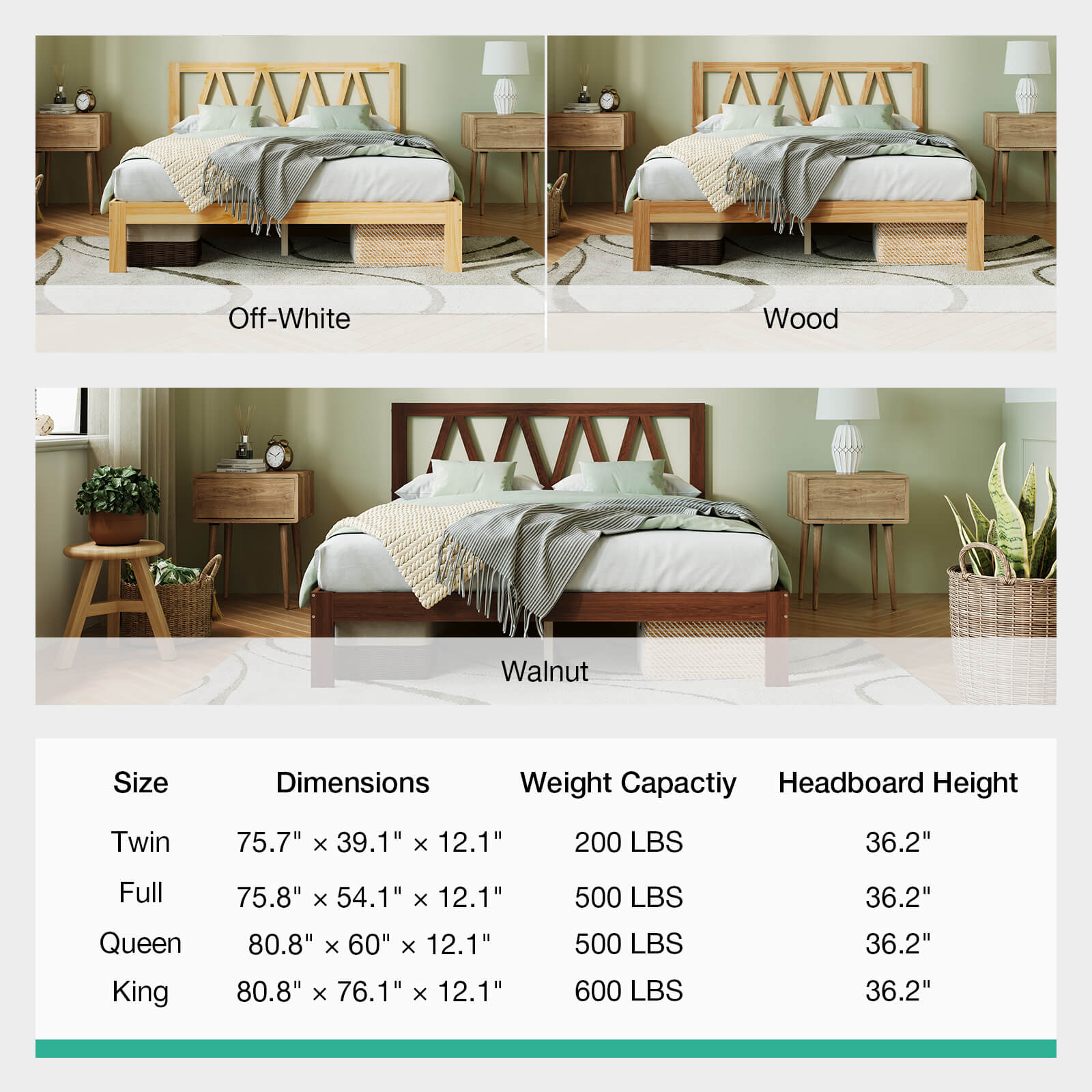Classic wood bed frame geometric headboard: Off-White, Wood, Walnut finishes. Size & specs chart.
