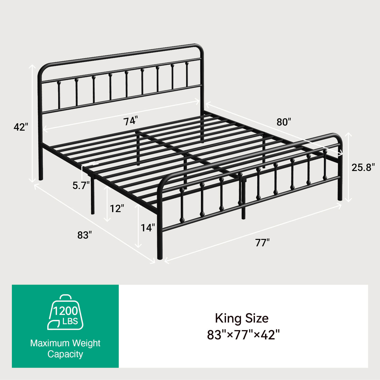 Black Vibe metal bed frame, king size, with dimensions and 1200 lb capacity highlighted.