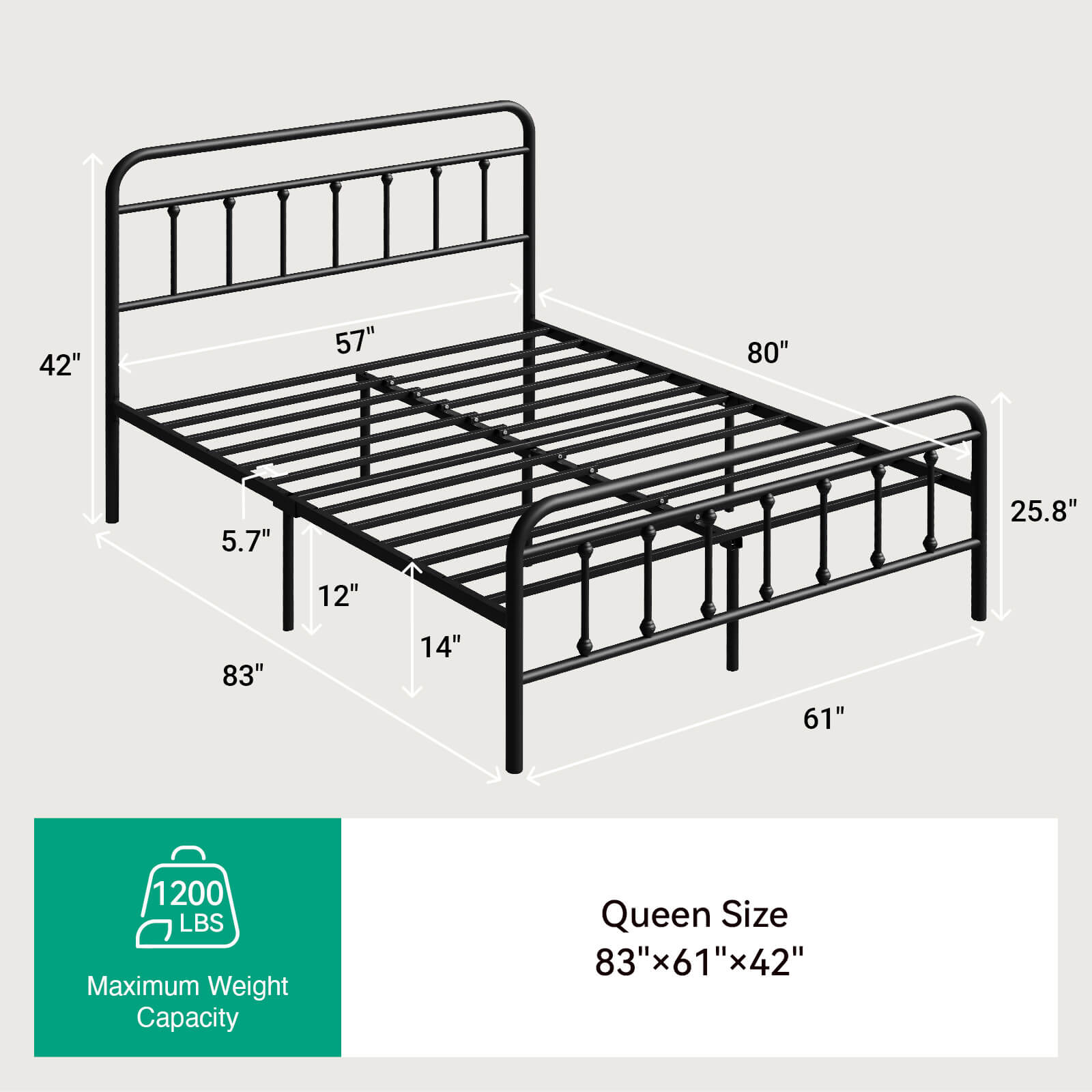 Black Vibe Metal Bed Frame Queen Size with dimensions 83x61x42 inches and 1200 lb capacity.