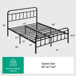 Black Vibe Metal Bed Frame Queen Size with dimensions 83x61x42 inches and 1200 lb capacity.