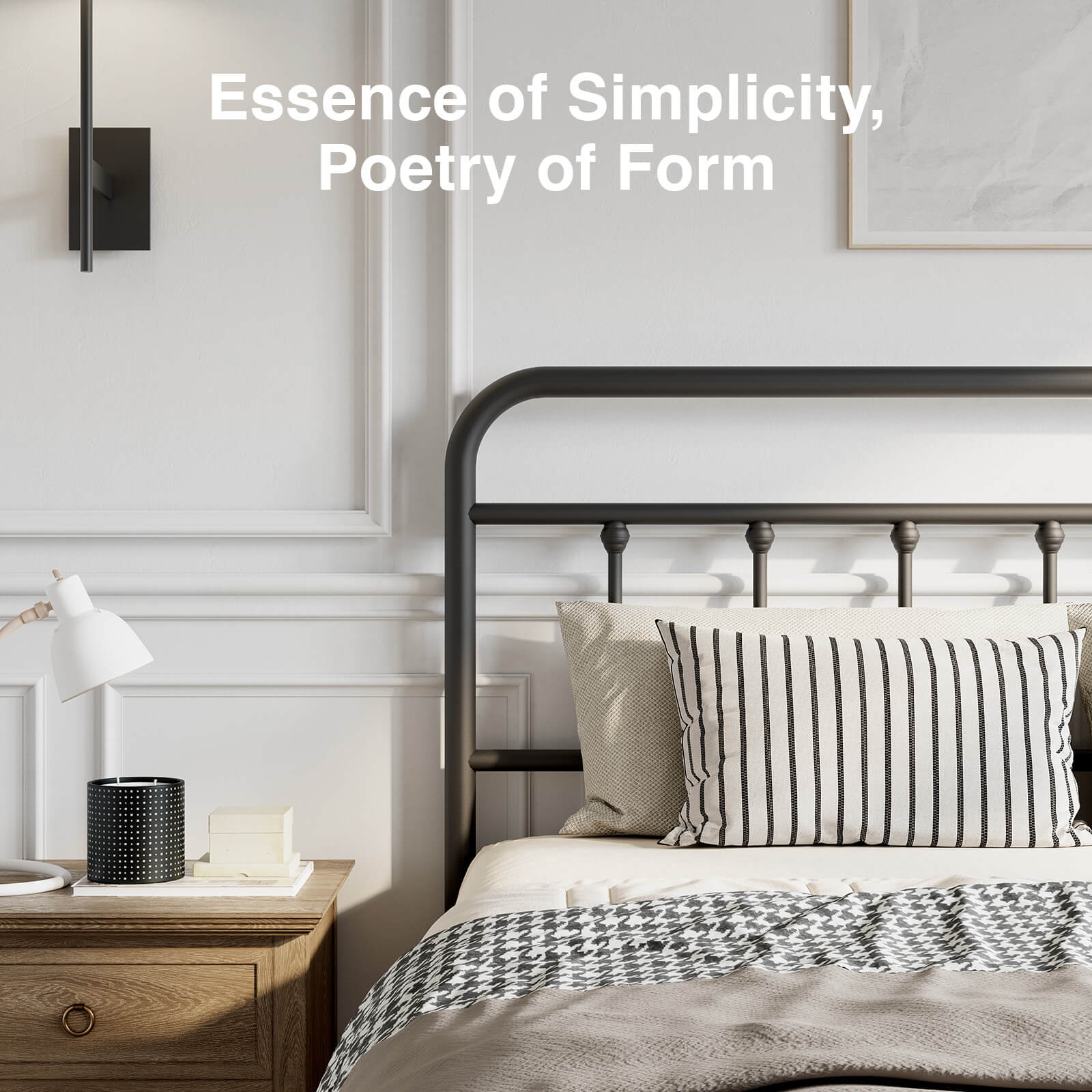 Black Vibe metal bed frame with curved headboard, vertical spindles, houndstooth throw, striped pillows.