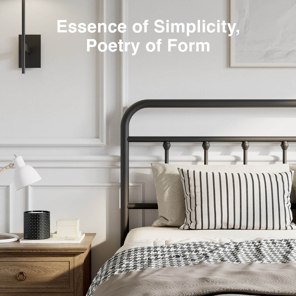 Black Vibe metal bed frame with curved headboard, vertical spindles, houndstooth throw, striped pillows.