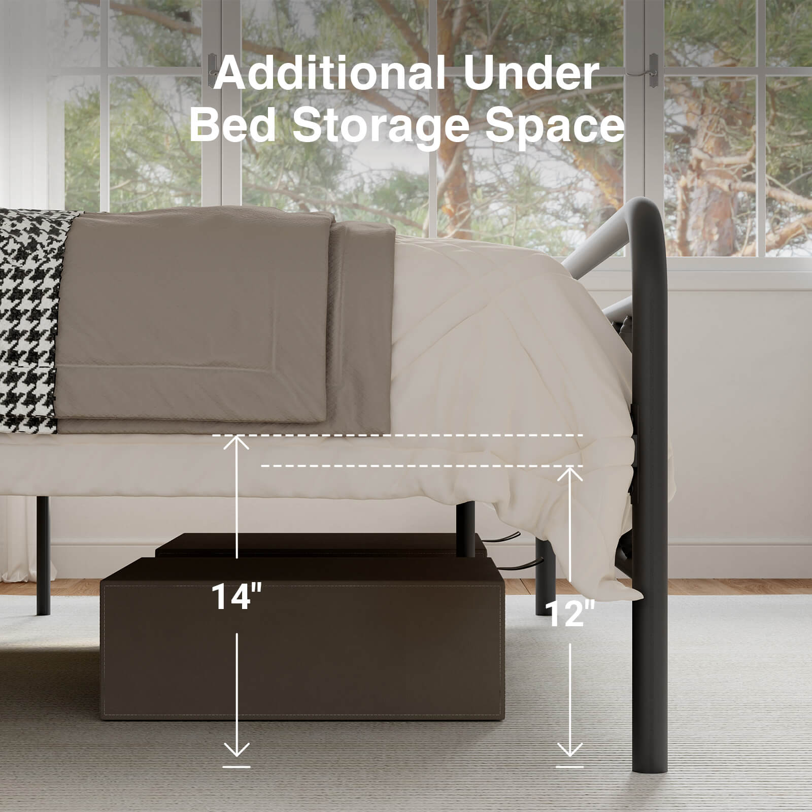 Vibe Metal Bed Frame in black with 14 inches of under-bed storage space, showing ample clearance for storage boxes.