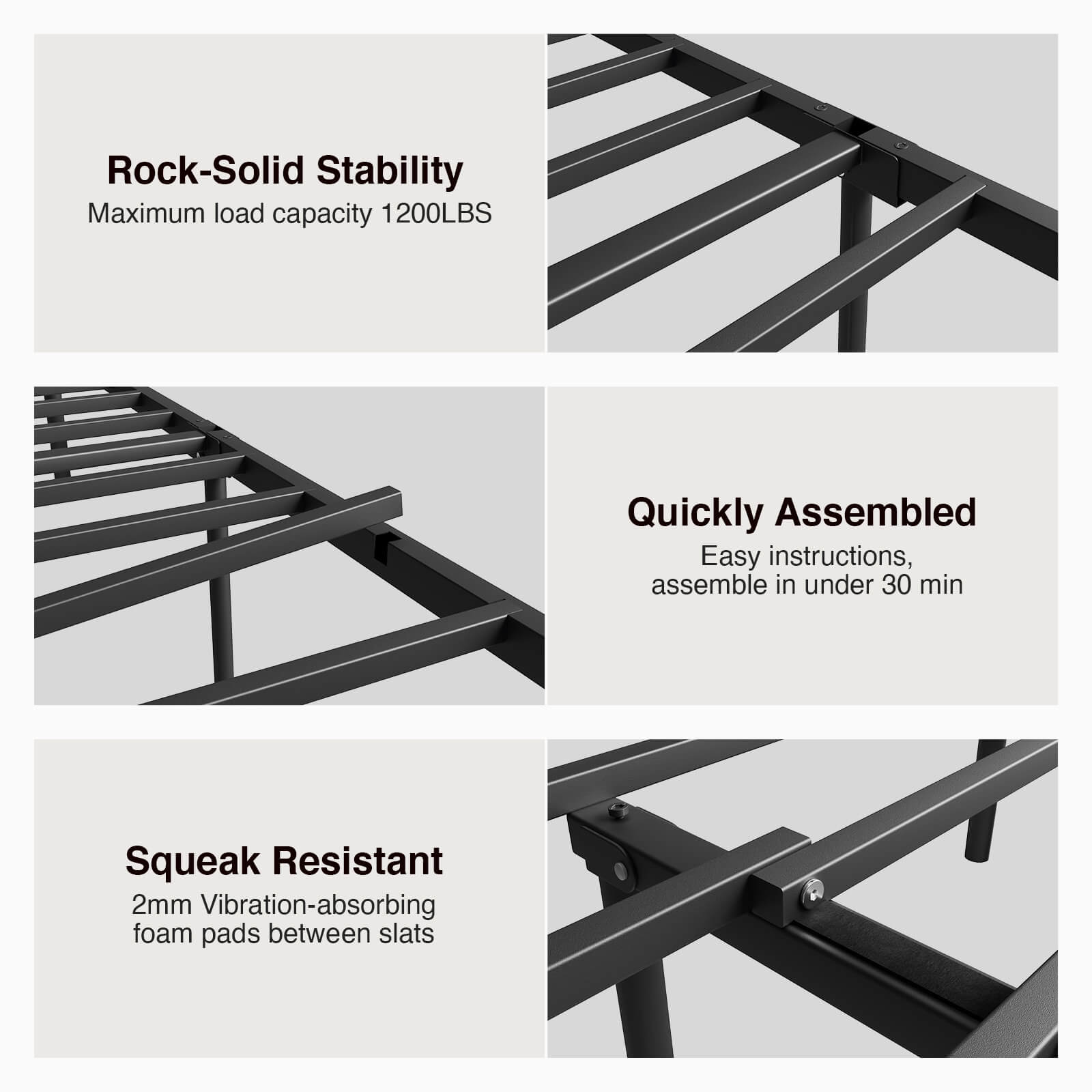 Vibe Metal Bed Frame: 1200 lb capacity, squeak-resistant, under 30 min assembly.