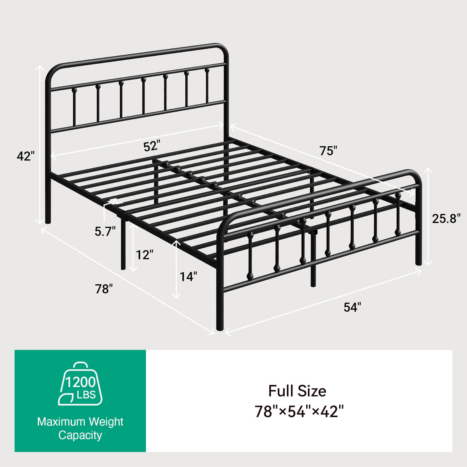 Black Vibe metal bed frame, full size, 78x54x42 inches, 1200 lb capacity, with dimensions shown.