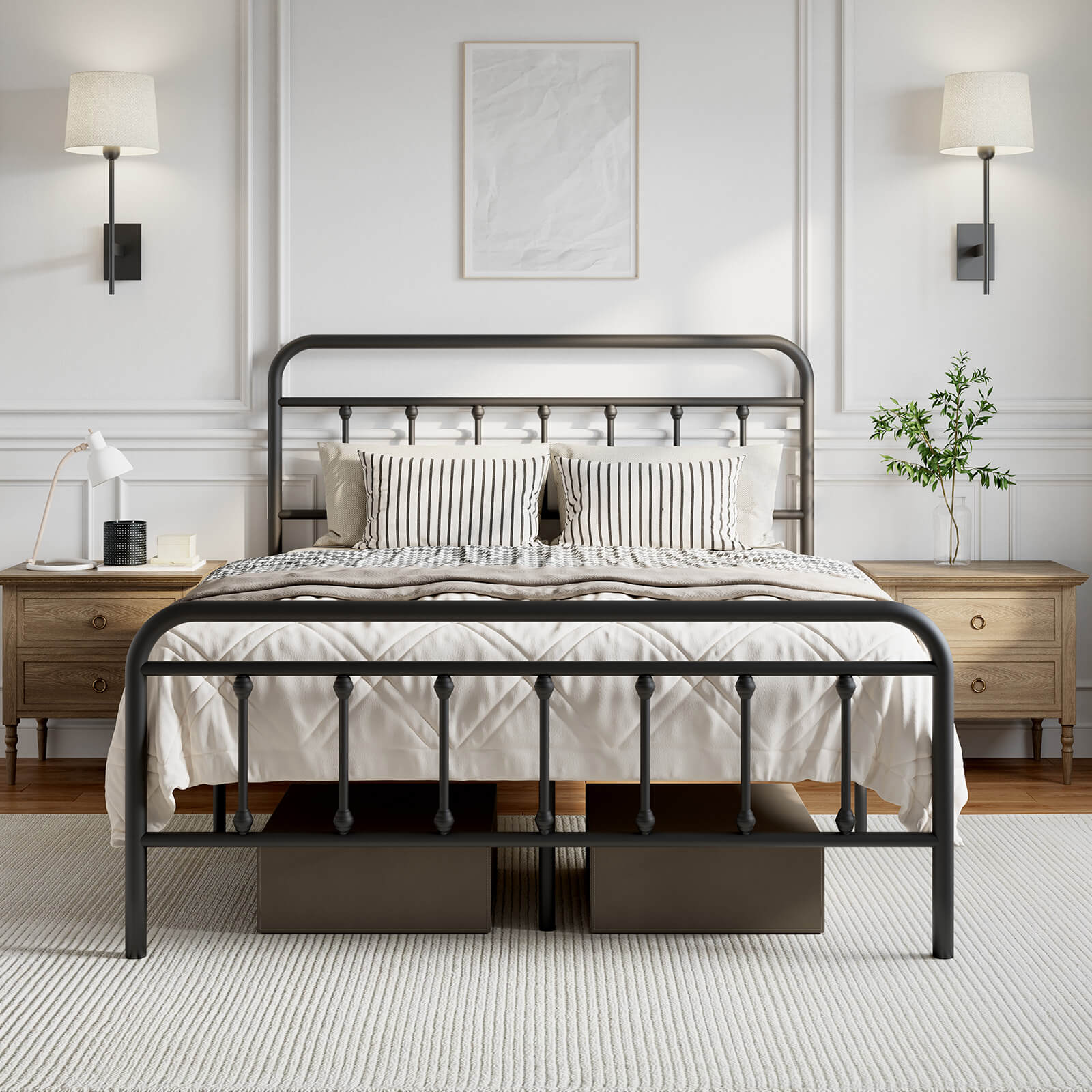 Vibe Metal Bed Frame in black with rounded headboard and footboard, showcasing decorative spindles and quilted bedding.