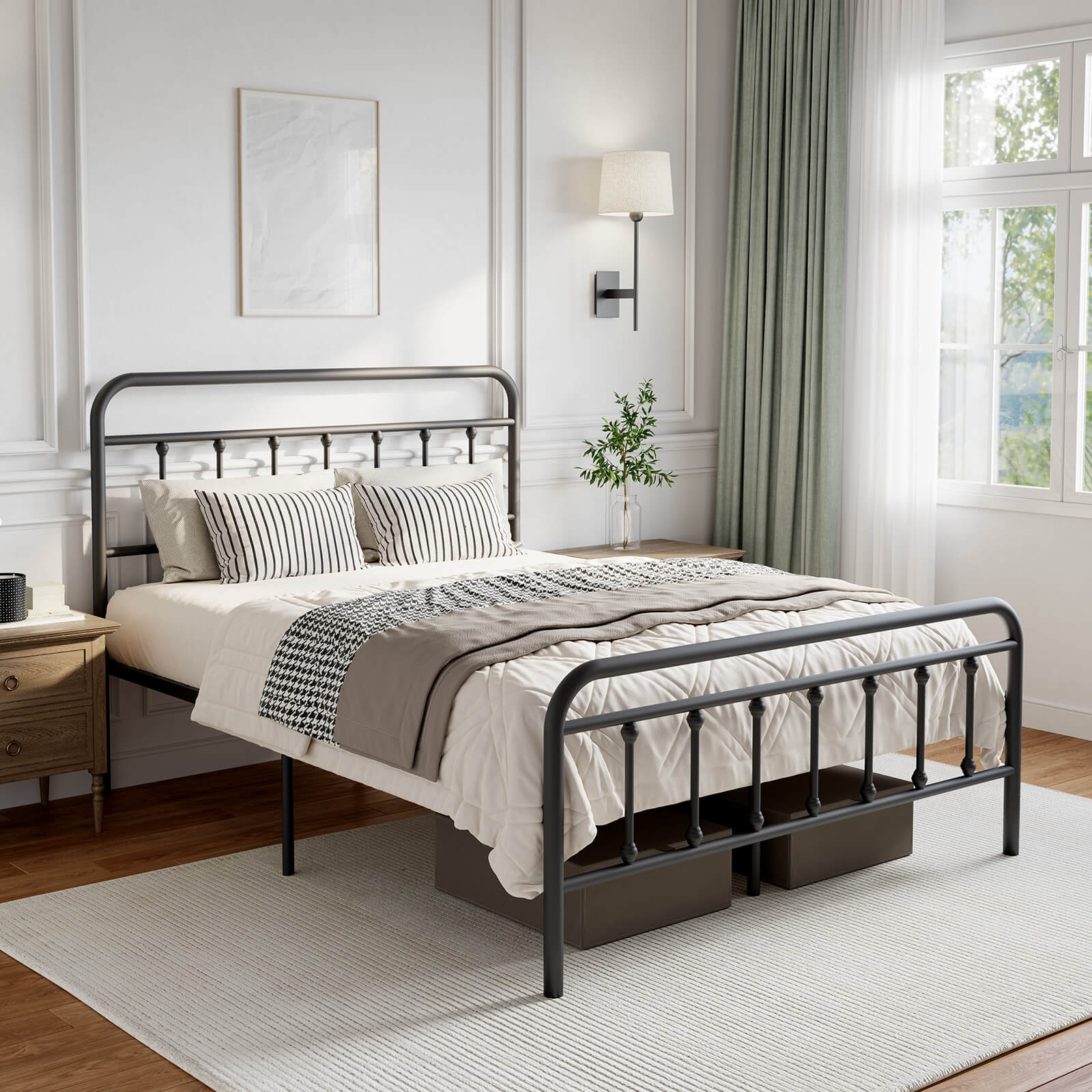 Black Vibe metal bed frame, rounded headboard/footboard, vertical spindles, striped pillows, quilted bedding.