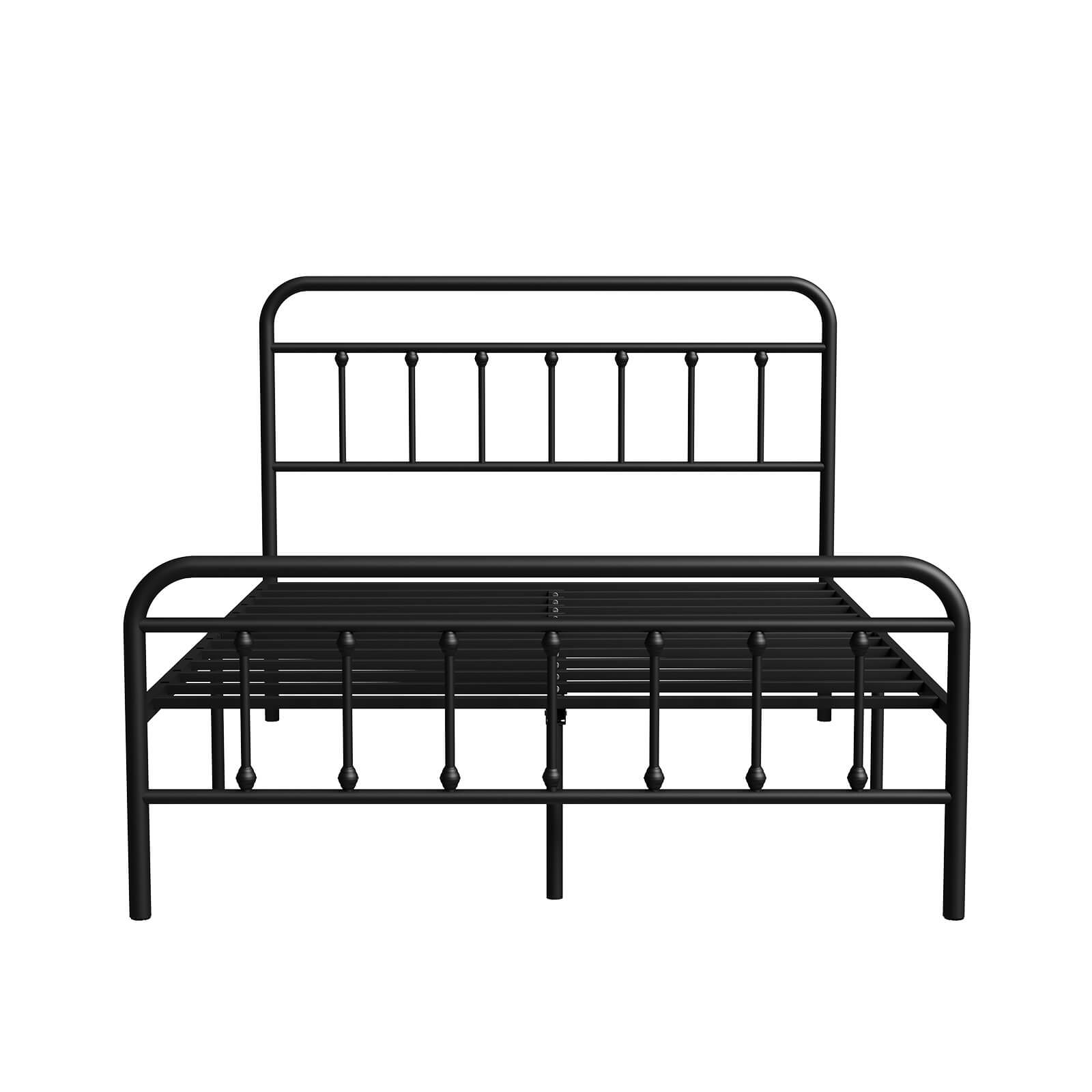 Black Vibe metal bed frame with rounded headboard, footboard, vertical spindles and slatted mattress support.