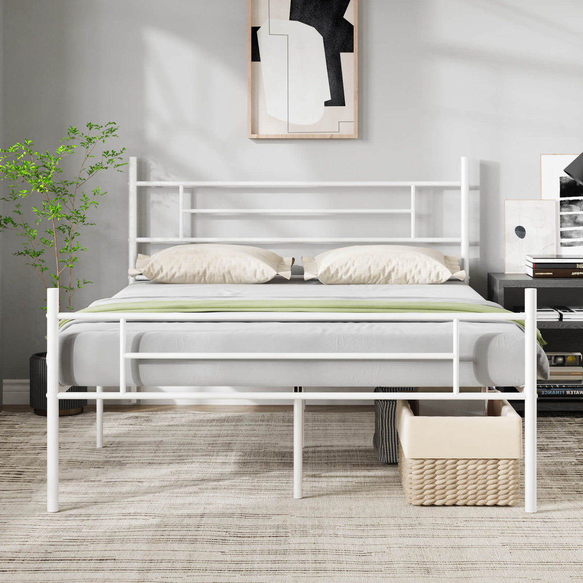 White wrought metal sleigh bed frame with minimalist headboard and footboard, supporting mattress and pillows in bedroom.