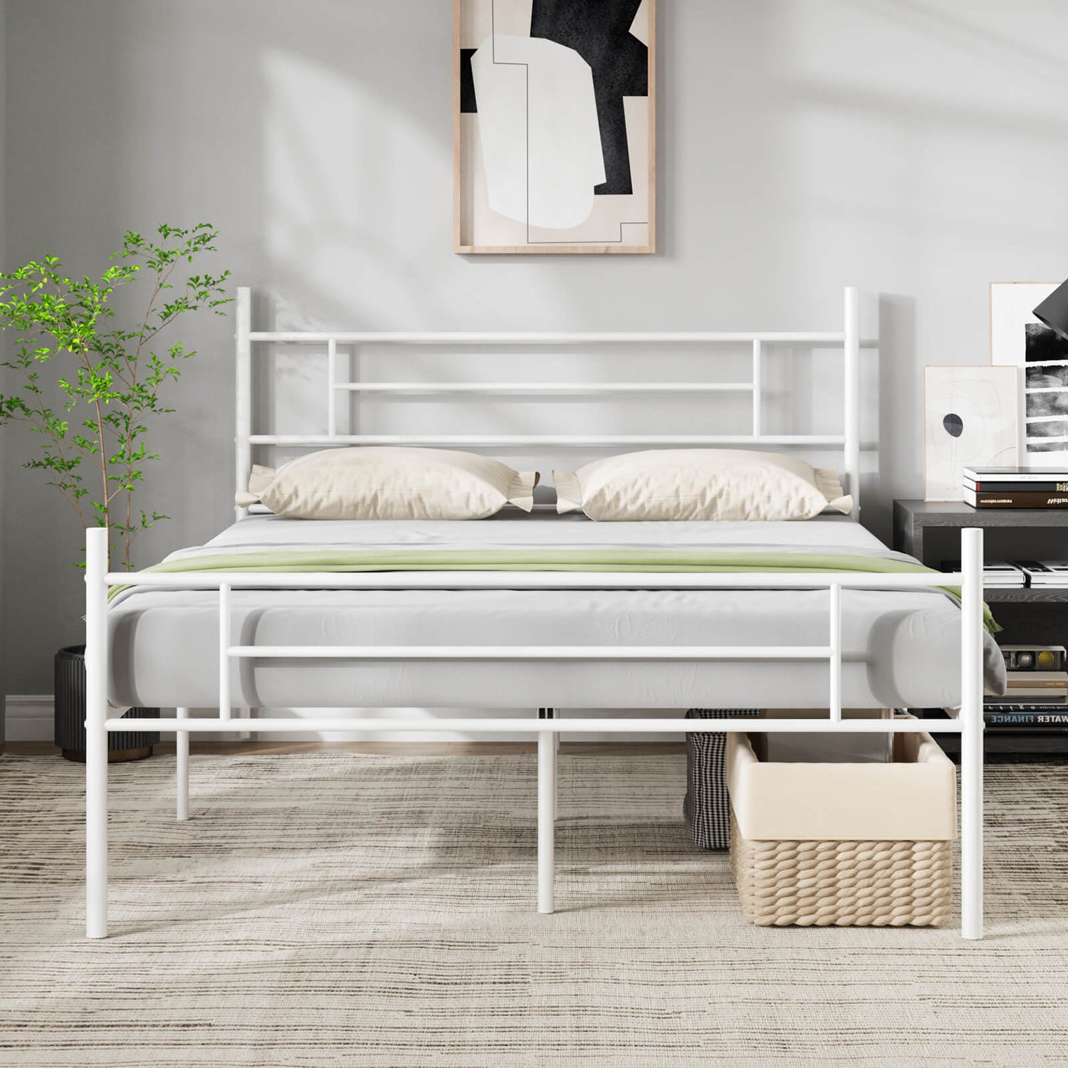 White wrought metal sleigh bed frame with minimalist headboard and footboard, supporting mattress and pillows in bedroom.